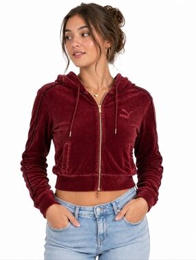 Puma Velour Zip Hoodie Burgundy Cropped XS Soft Velvet Zip-Up